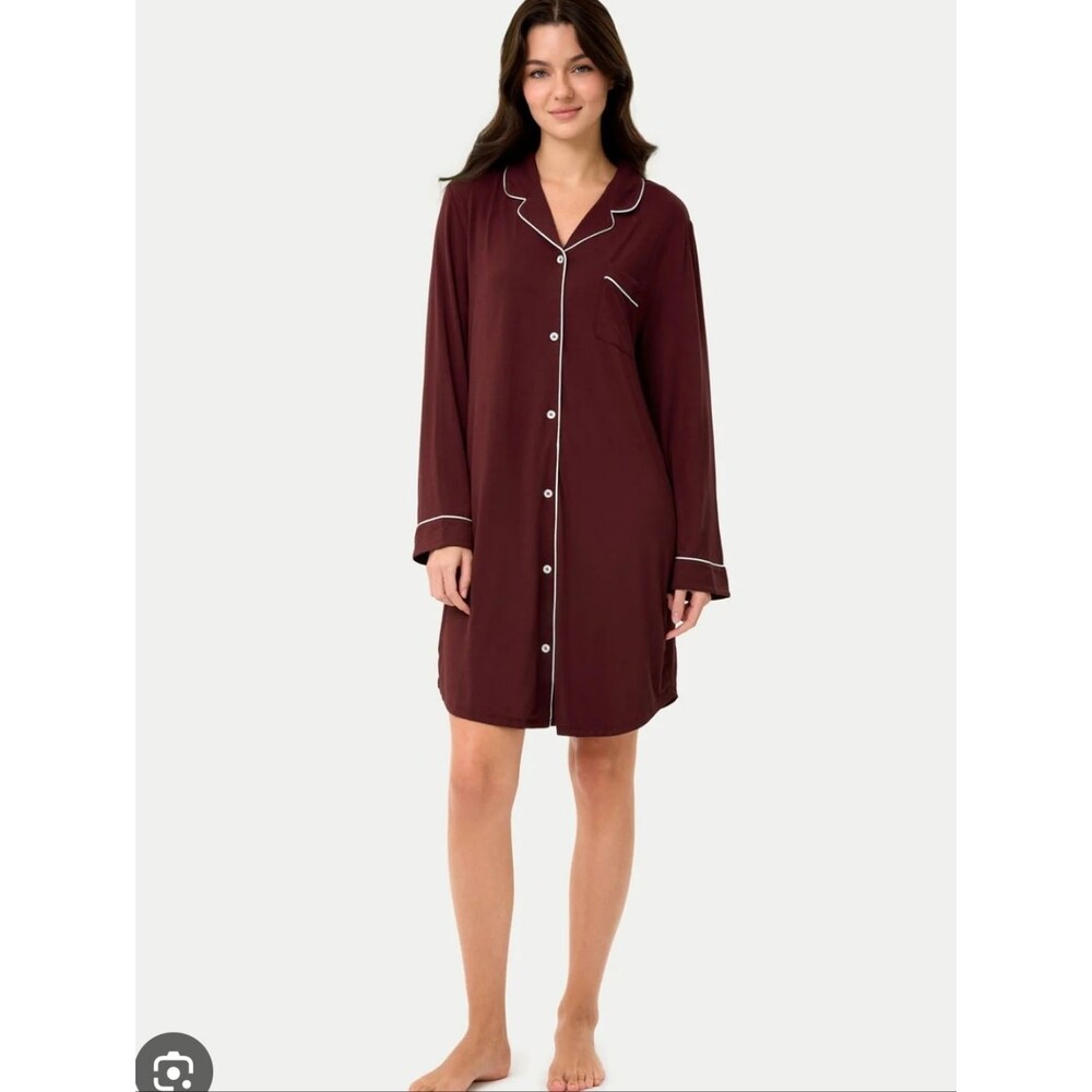 Eden & Om Bamboo Pajama Nightshirt Cabernet Blush Button-Down Sleep Burgundy L